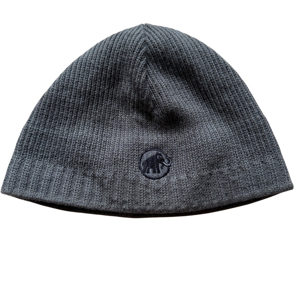 Mammut Grey Knit Beanie Hat Outdoor Hiking Alpine Logo Charcoal Gray